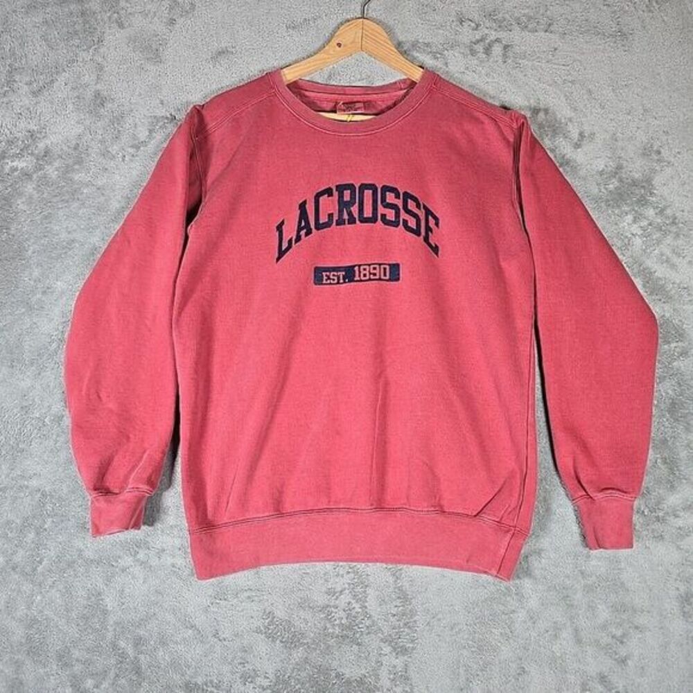 Comfort Colors Sweatshirt Mens Small Red Crew Neck Lacrose Spell‎ Out Logo